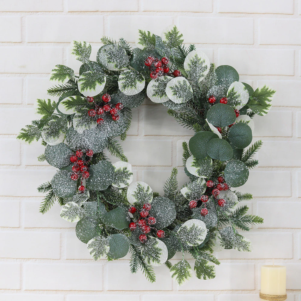 New Year's Home Door Decoration Christmas Rattan Wreath Pine Natural Branches Red Berries Pine Cones