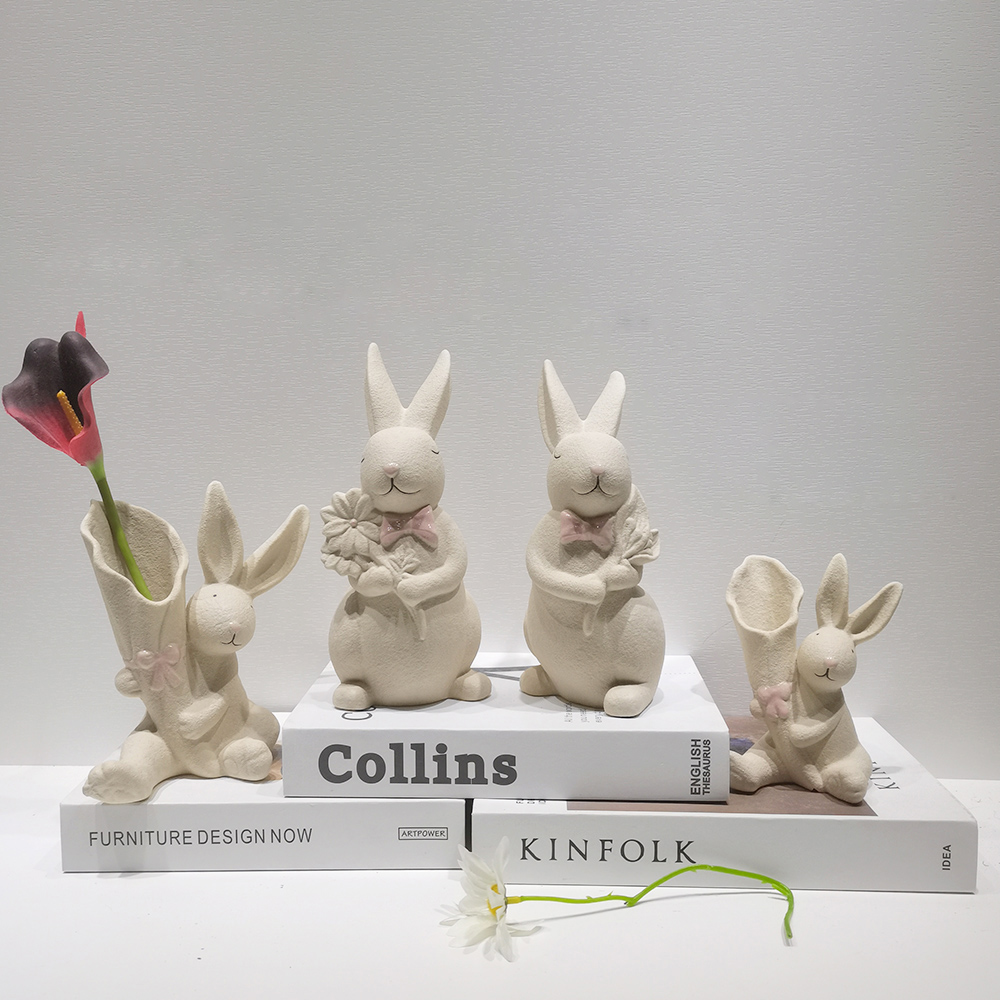 Home Decoration Statue Ornament Cute Rabbit Holding Eggs Figurines Ceramic Bunny Desktop Decor