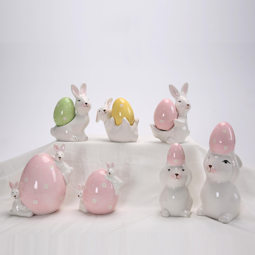 Easter Spring Ceramic Ornaments Bunny Rabbit Holding Eggs Easter Ceramic Bunny Figurine