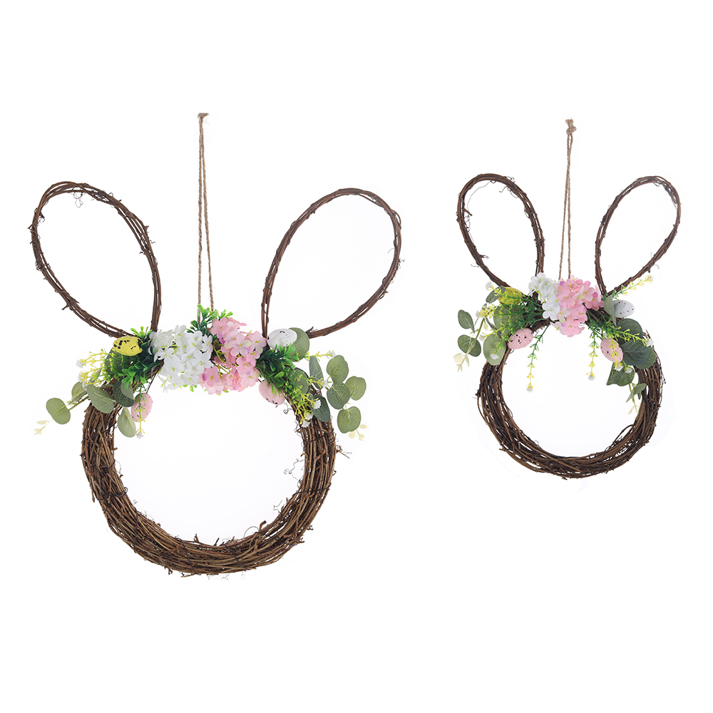 Easter Bunny Spring Wreath with Egg for Front Door Hanging Artificial Rabbit Flower Wreath