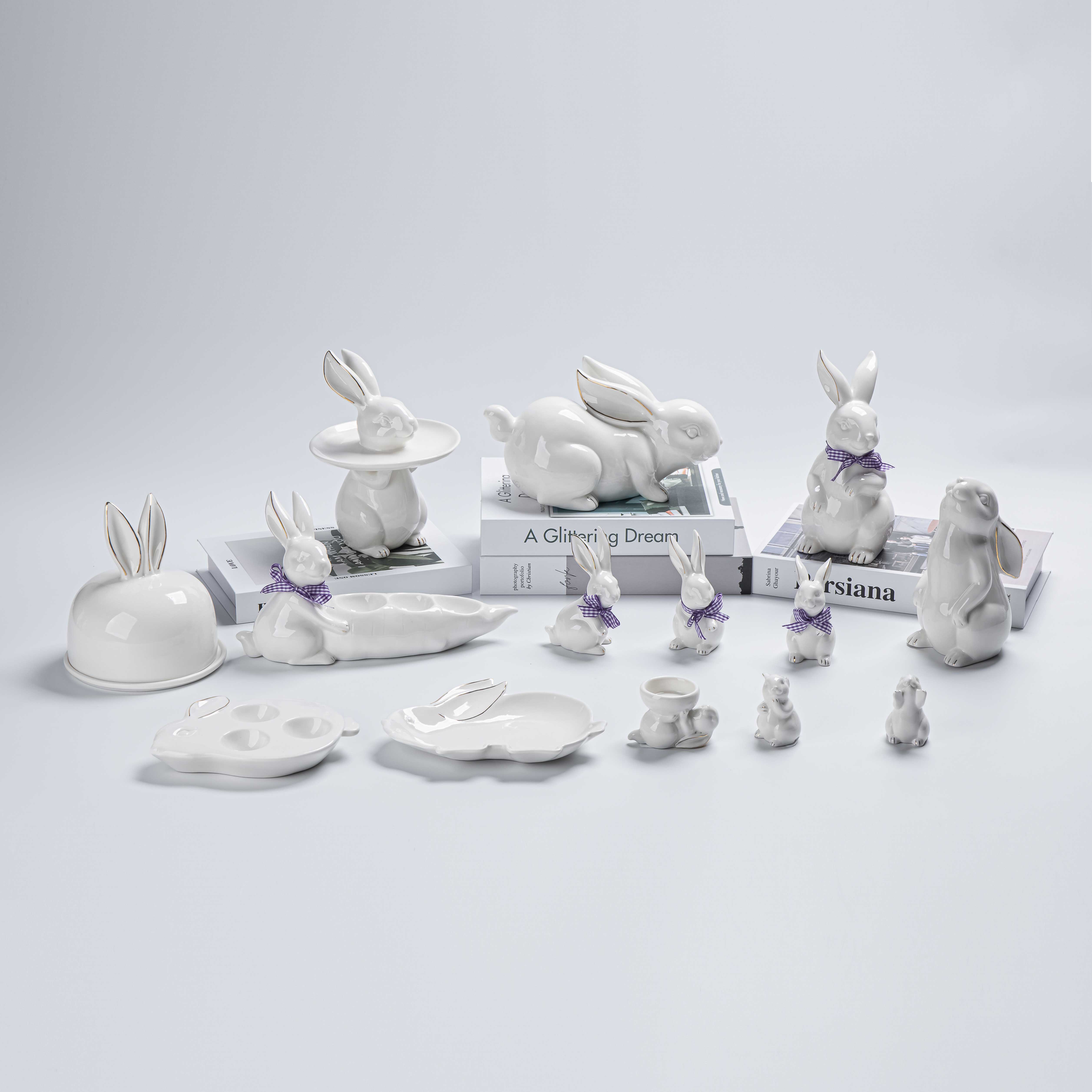 Ceramic Bunny Desktop Decor Cute White Rabbit Figurines Porcelain Cabinet Home Decoration Statue Ornament China Animal Landscape