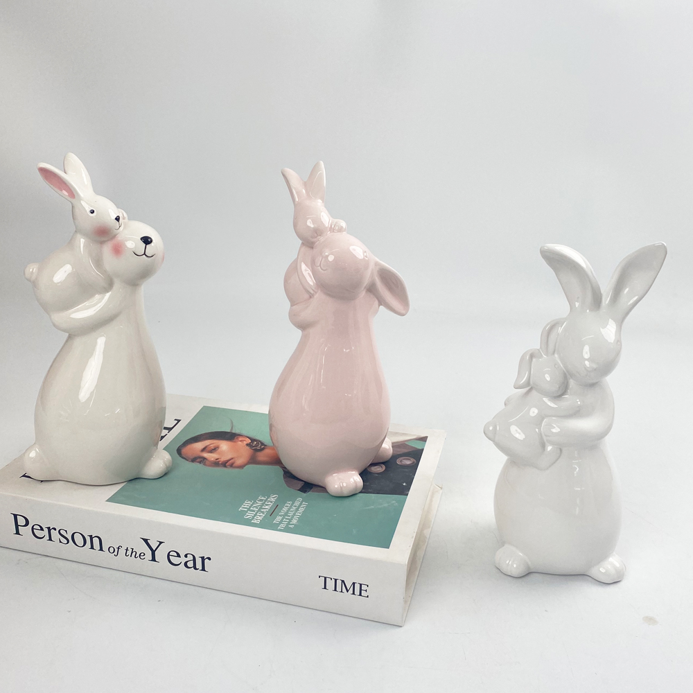 Porcelain Festival Bunny Family Figurine Ceramic Banquet Household Rabbit Miniature Mother Ornament Father Decor Kid Gift Craft