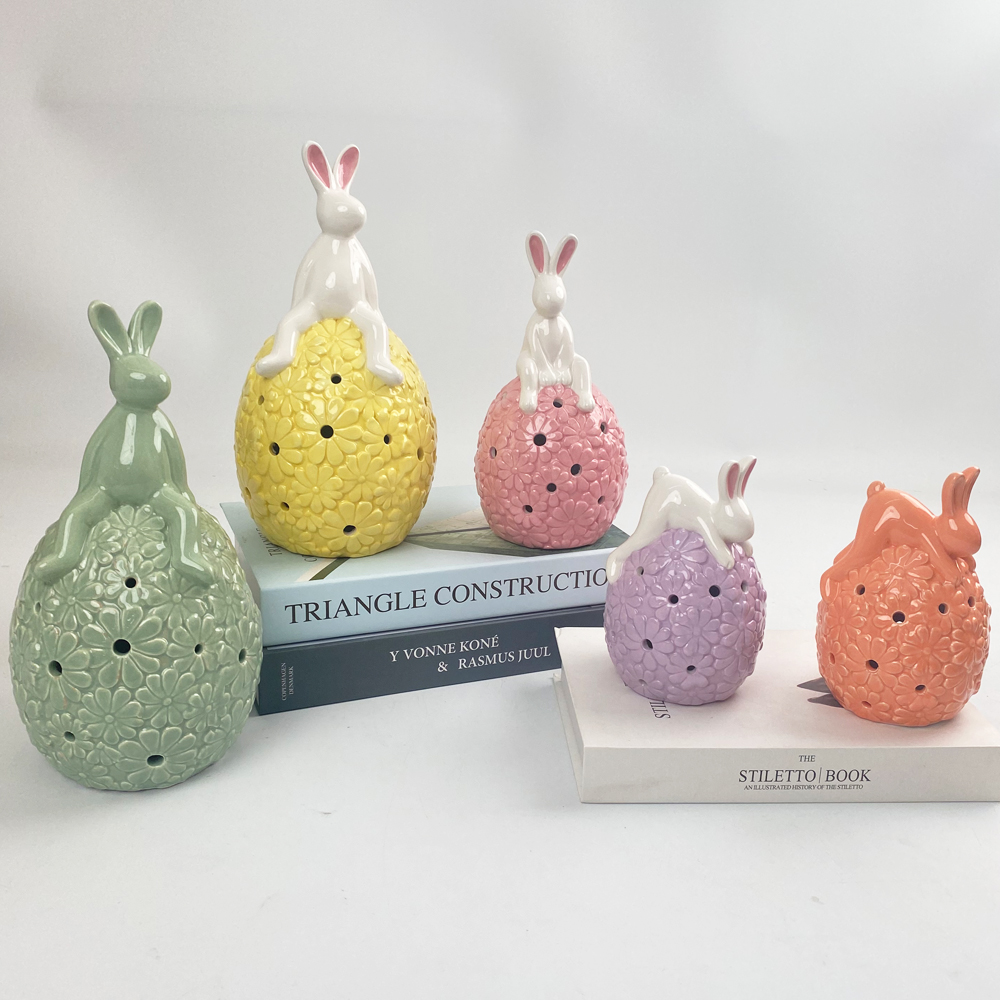 Glow Easter Decor Rabbit Cuddle Decor LED Ceramic Decor Spring Statue Decor Ceramics Night Lamp Table Ornament