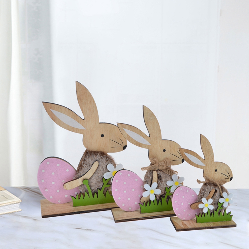 Wooden Easter Table Ornament with Lights 18cm Glowing Easter Bunny Eggs Decorations for Home Indoor Wood Rabbit