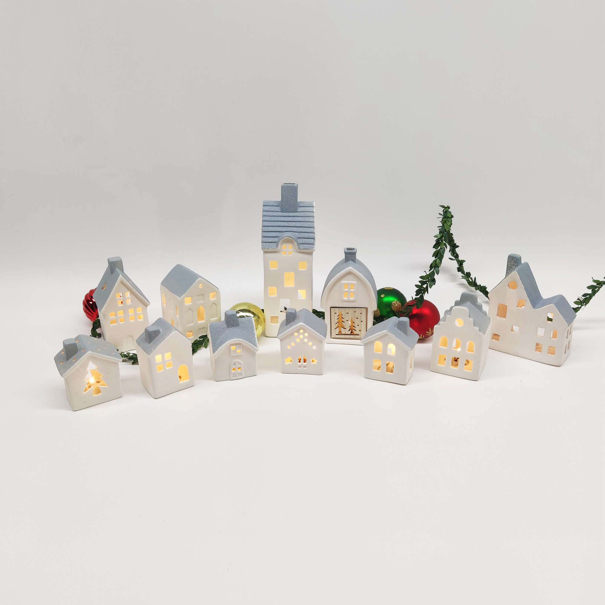 Nordic Architectural Style Ornaments Hand-Carved Hollow House Light Ornaments Ceramic House LED Decorative Xmas Gifts