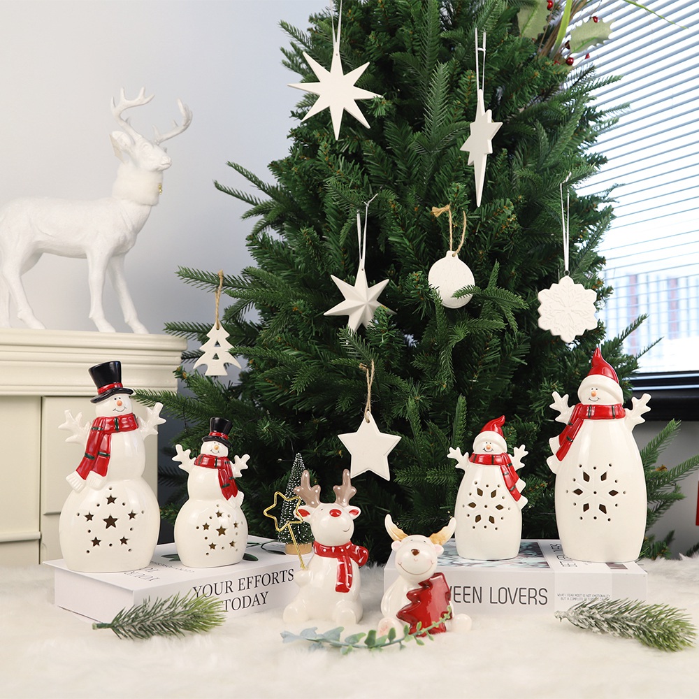 Nordic Home Decoration Cute Cartoon Figurine Ceramic Christmas Snowman Reindeer Figurines